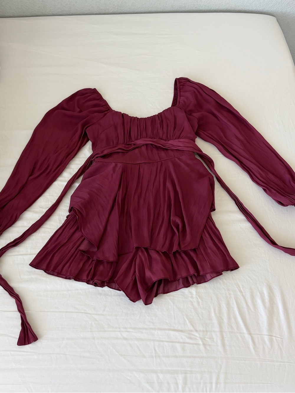 Wine Red Long Sleeve Ruffled Romper